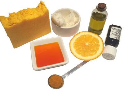 Ingredients list to make orange soap with turmeric powder using hot process soap