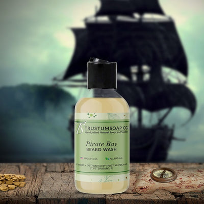 Our Pirate Bay Beard Wash combines a citrus and spicy blend of patchouli, orange, cedar, clove, cinnamon and more of a blend that smells like classic Bay Rum, matching our other Pirate Bay products.